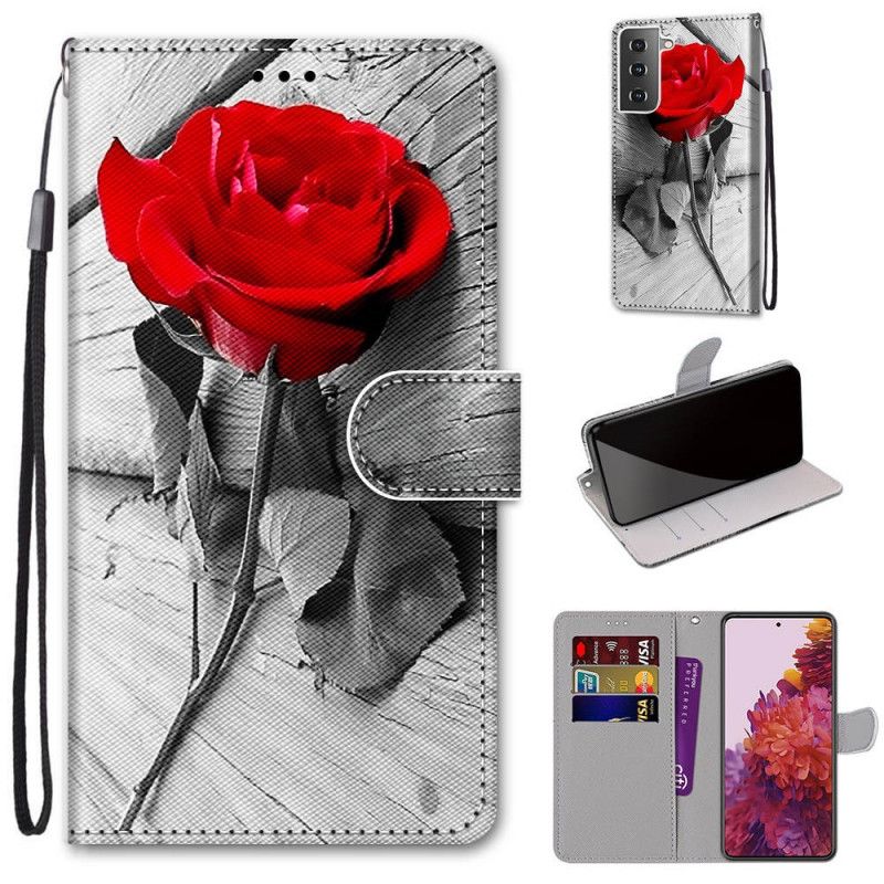 Etui Folio Samsung Galaxy S21 5G Jasnoniebieski Czerwony Cud Kwiatowy Etui Ochronne