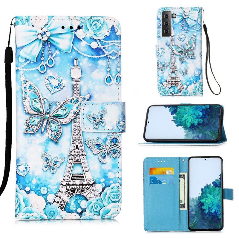 Etui Folio Samsung Galaxy S21 5G Motyle Wieży Eiffla Z Paskiem Etui Ochronne