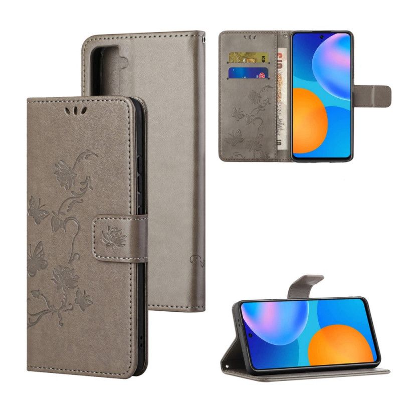 Etui Folio Samsung Galaxy S21 5G Szary Czarny Motyle I Kwiaty Stringów Etui Ochronne