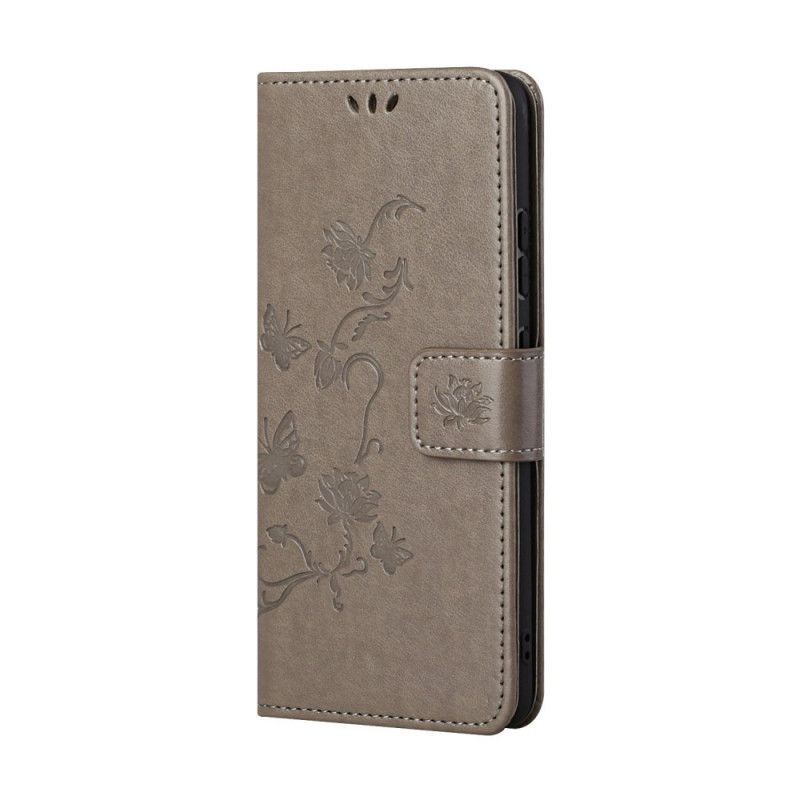 Etui Folio Samsung Galaxy S21 5G Szary Czarny Motyle I Kwiaty Stringów Etui Ochronne