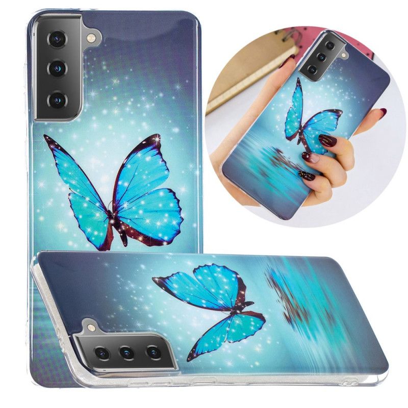 Etui Samsung Galaxy S21 5G Fluorescencyjny Niebieski Motyl Etui Ochronne