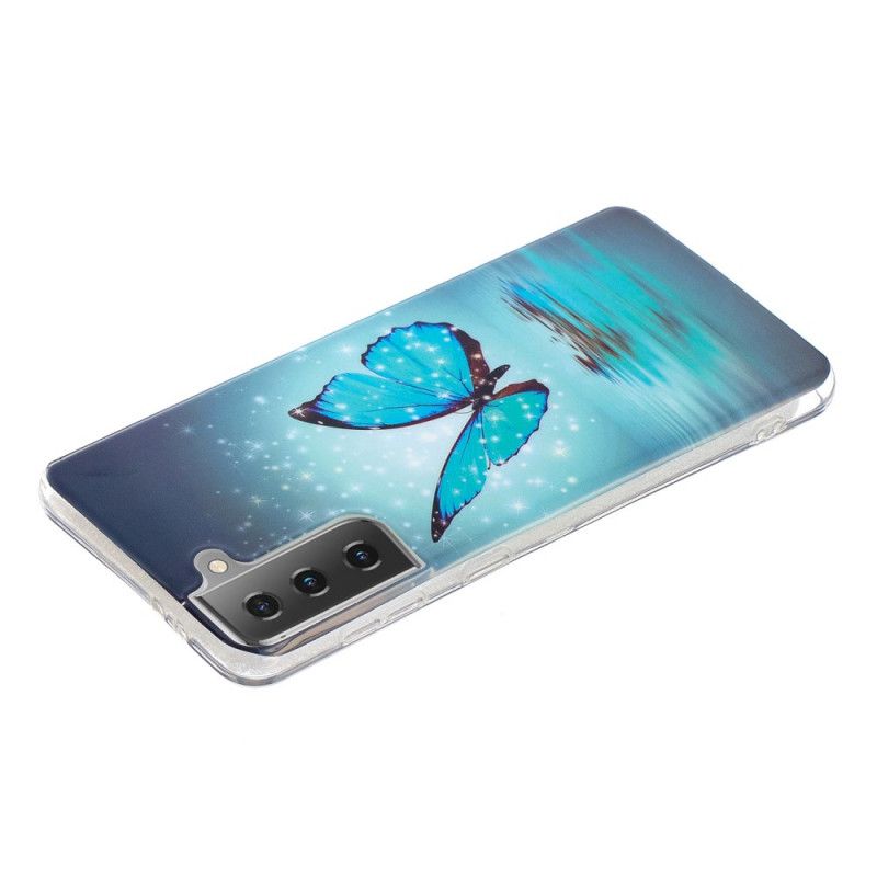 Etui Samsung Galaxy S21 5G Fluorescencyjny Niebieski Motyl Etui Ochronne