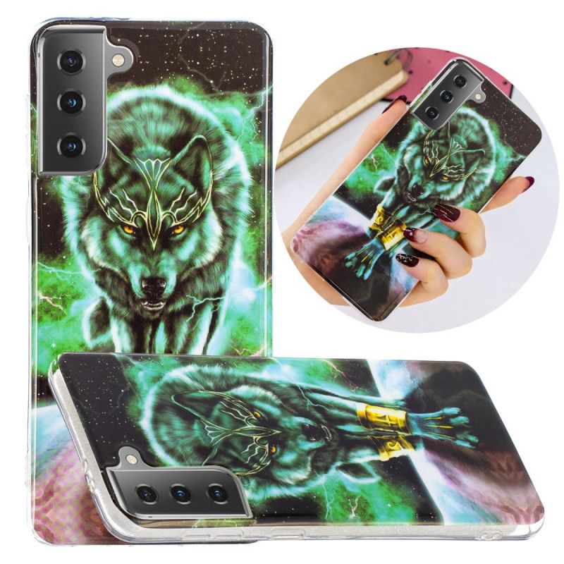 Etui Samsung Galaxy S21 5G Granatowy Czarny Fluorescencyjna Seria Wilków Etui Ochronne