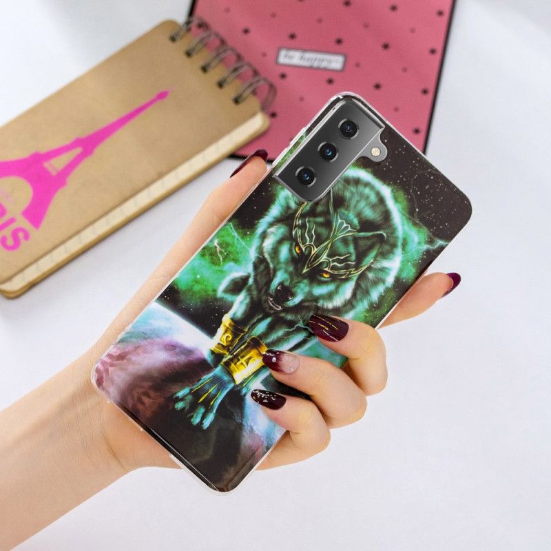 Etui Samsung Galaxy S21 5G Granatowy Czarny Fluorescencyjna Seria Wilków Etui Ochronne