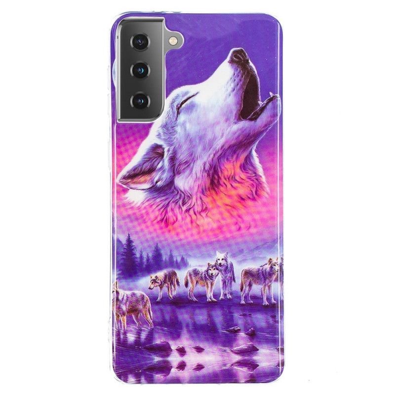 Etui Samsung Galaxy S21 5G Granatowy Czarny Fluorescencyjna Seria Wilków Etui Ochronne