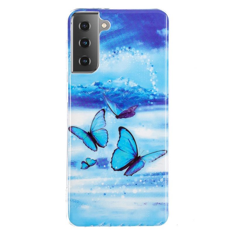 Etui Samsung Galaxy S21 5G Jasnoniebieski Ciemnoniebieski Fluorescencyjna Seria Motylkowa