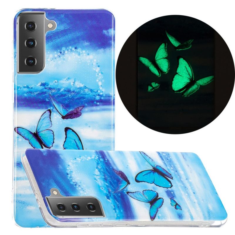 Etui Samsung Galaxy S21 5G Jasnoniebieski Ciemnoniebieski Fluorescencyjna Seria Motylkowa