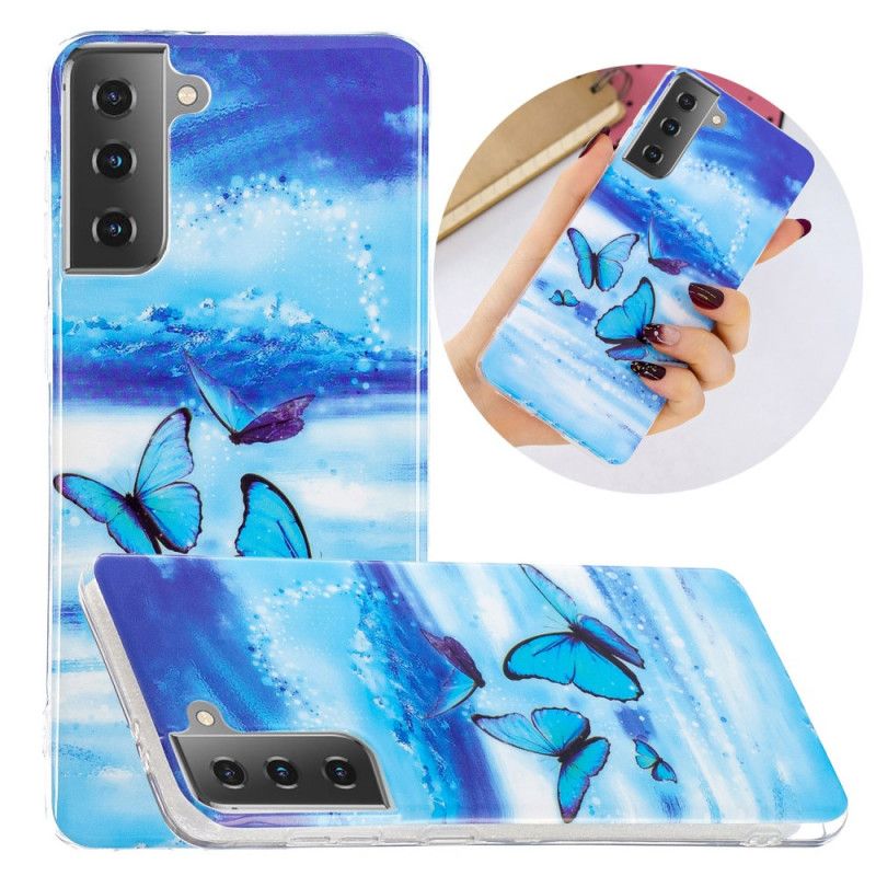 Etui Samsung Galaxy S21 5G Jasnoniebieski Ciemnoniebieski Fluorescencyjna Seria Motylkowa