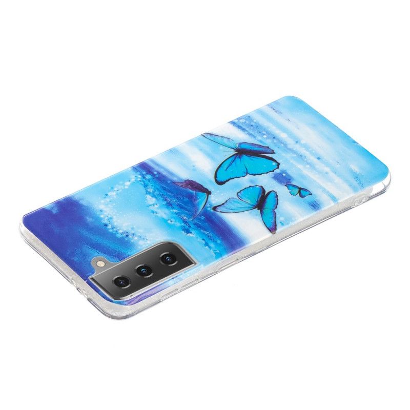 Etui Samsung Galaxy S21 5G Jasnoniebieski Ciemnoniebieski Fluorescencyjna Seria Motylkowa