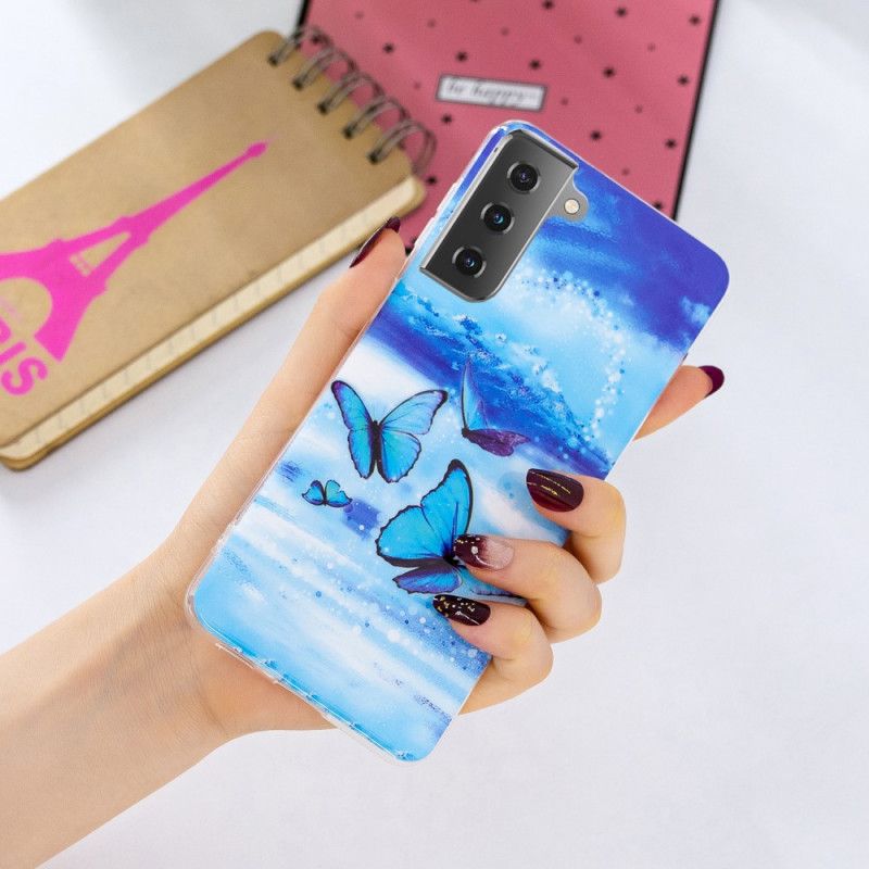 Etui Samsung Galaxy S21 5G Jasnoniebieski Ciemnoniebieski Fluorescencyjna Seria Motylkowa