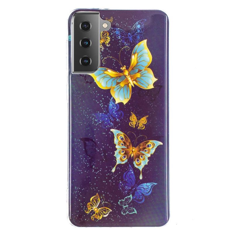 Etui Samsung Galaxy S21 5G Jasnoniebieski Ciemnoniebieski Fluorescencyjna Seria Motylkowa