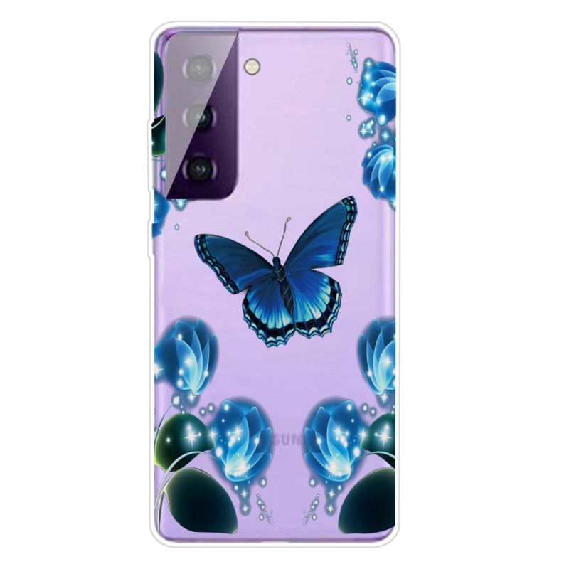 Etui Samsung Galaxy S21 5G Jasnoniebieski Ciemnoniebieski Motyle Motyle Etui Ochronne