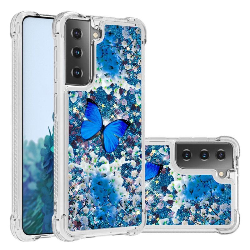 Etui Samsung Galaxy S21 5G Niebieskie Błyszczące Motyle Etui Ochronne