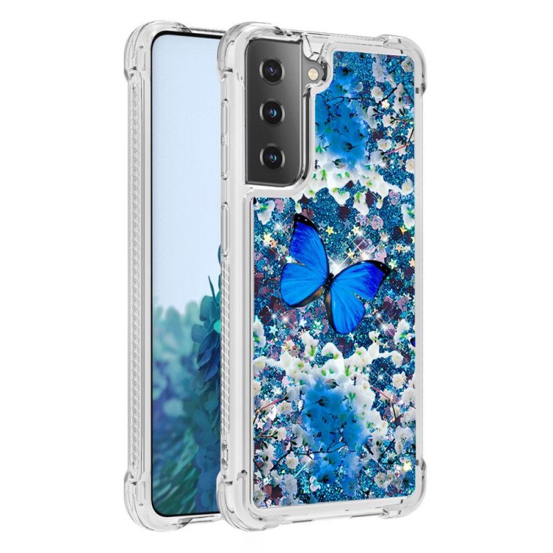 Etui Samsung Galaxy S21 5G Niebieskie Błyszczące Motyle Etui Ochronne