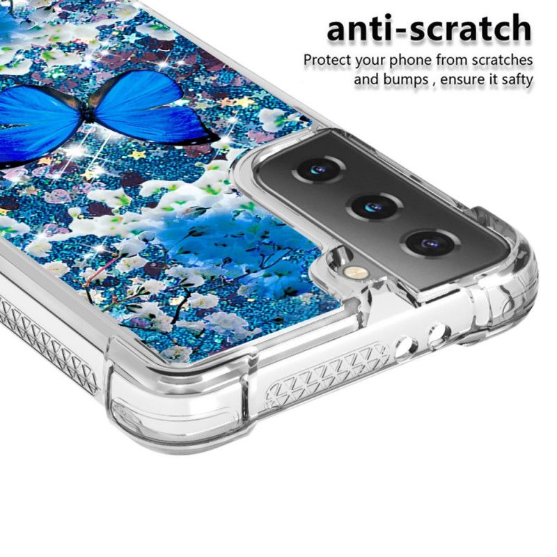 Etui Samsung Galaxy S21 5G Niebieskie Błyszczące Motyle Etui Ochronne