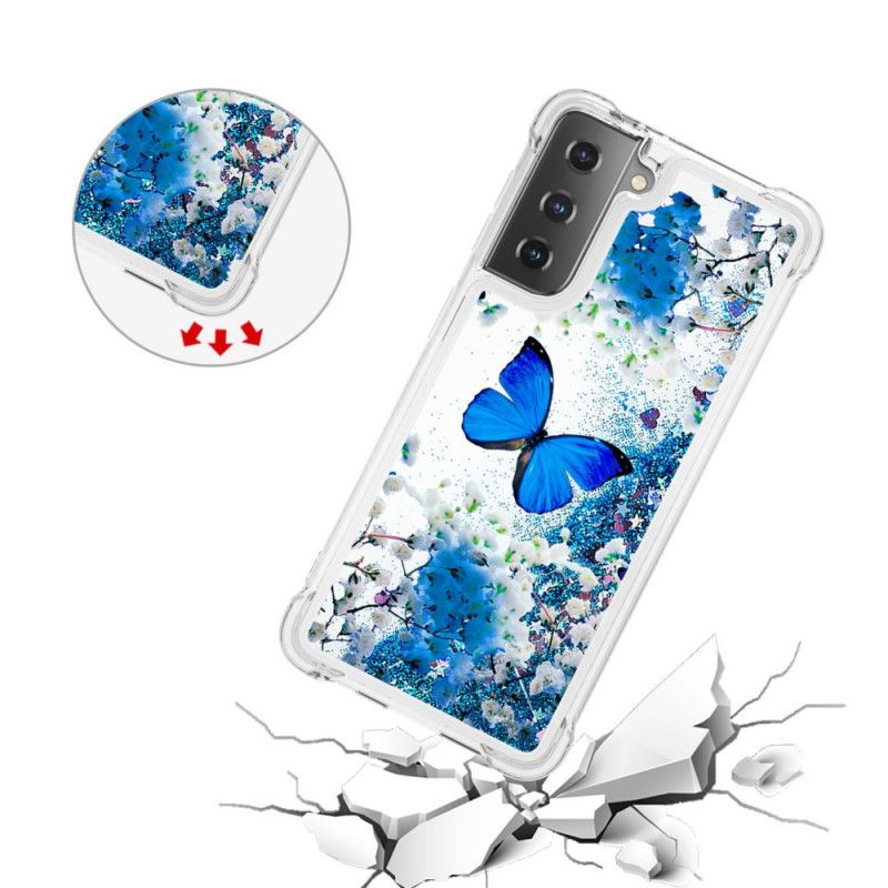 Etui Samsung Galaxy S21 5G Niebieskie Błyszczące Motyle Etui Ochronne