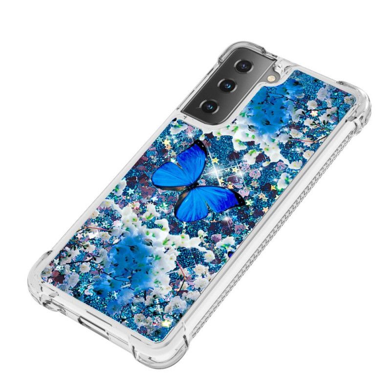 Etui Samsung Galaxy S21 5G Niebieskie Błyszczące Motyle Etui Ochronne