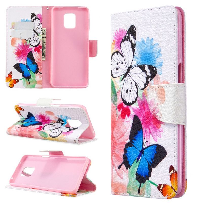 Etui Folio Xiaomi Redmi Note 9S / Note 9 Pro Jasnoniebieski Magenta Malowane Motyle I Kwiaty