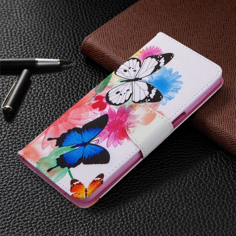 Etui Folio Xiaomi Redmi Note 9S / Note 9 Pro Jasnoniebieski Magenta Malowane Motyle I Kwiaty