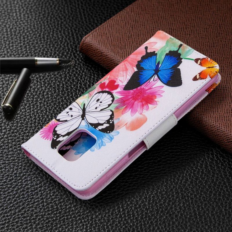 Etui Folio Xiaomi Redmi Note 9S / Note 9 Pro Jasnoniebieski Magenta Malowane Motyle I Kwiaty