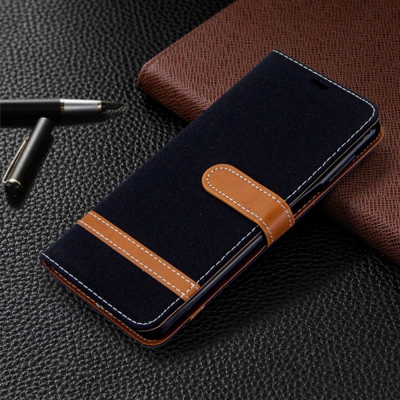 Etui Folio Xiaomi Redmi Note 9S / Note 9 Pro Szary Czarny Efekt Tkaniny I Skóry Ze Stringami