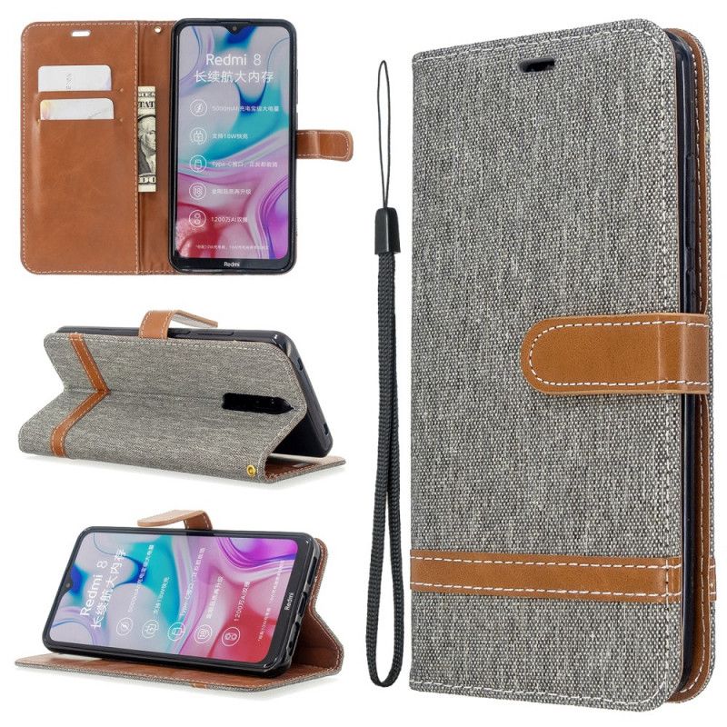 Etui Folio Xiaomi Redmi 8 Szary Czarny Efekt Tkaniny I Skóry Ze Stringami