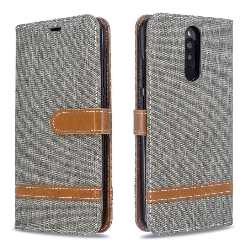 Etui Folio Xiaomi Redmi 8 Szary Czarny Efekt Tkaniny I Skóry Ze Stringami