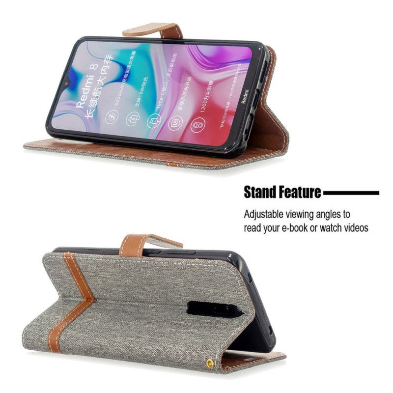 Etui Folio Xiaomi Redmi 8 Szary Czarny Efekt Tkaniny I Skóry Ze Stringami