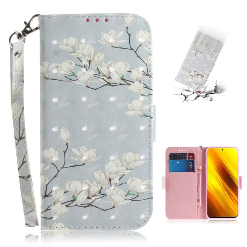 Etui Folio Xiaomi Poco X3 Zielony Szary Kwitnąca Gałąź Ze Stringami