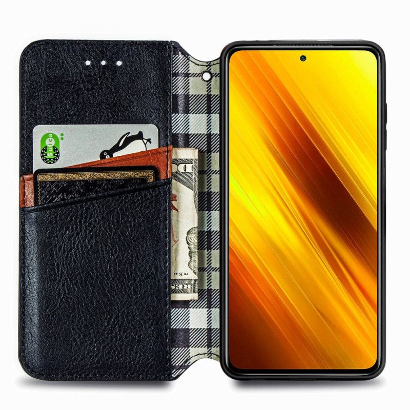 Flip Kotelot Xiaomi Poco X3 Szary Czarny Efekt Skóry O Fakturze Diamentu