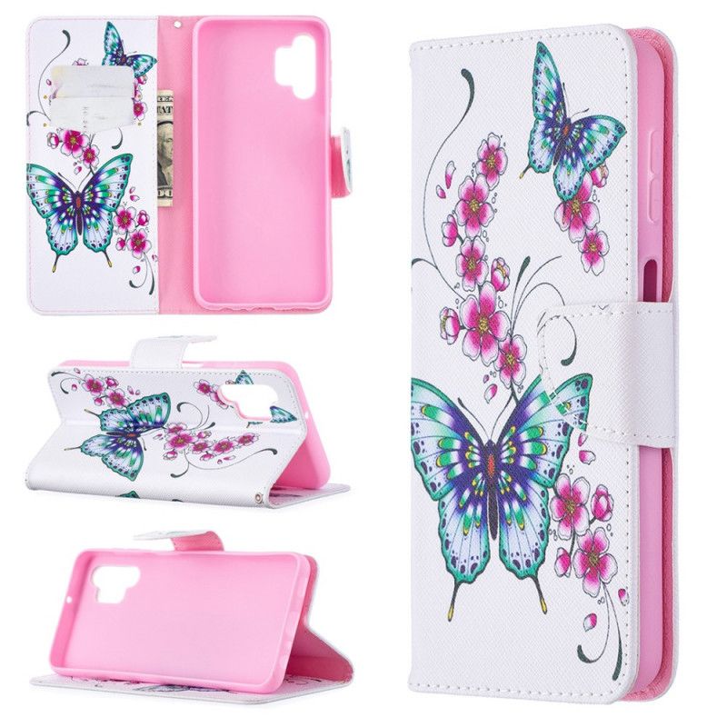 Etui Folio Samsung Galaxy A32 5G Ciemnoniebieski Magenta Motyle Akwarelowe