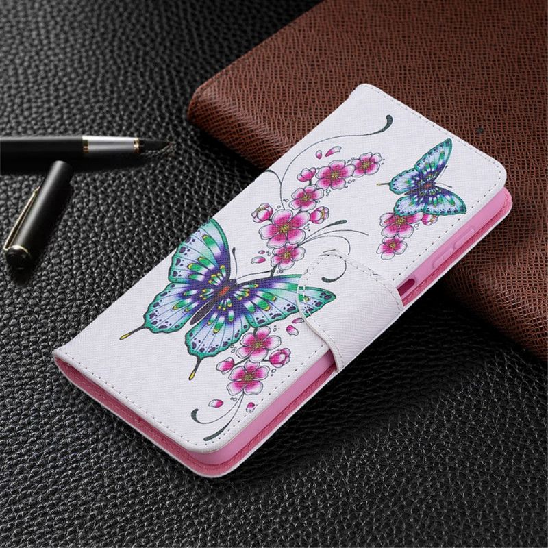 Etui Folio Samsung Galaxy A32 5G Ciemnoniebieski Magenta Motyle Akwarelowe