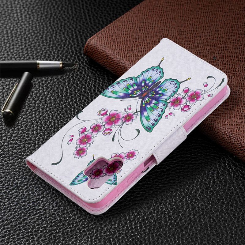 Etui Folio Samsung Galaxy A32 5G Ciemnoniebieski Magenta Motyle Akwarelowe