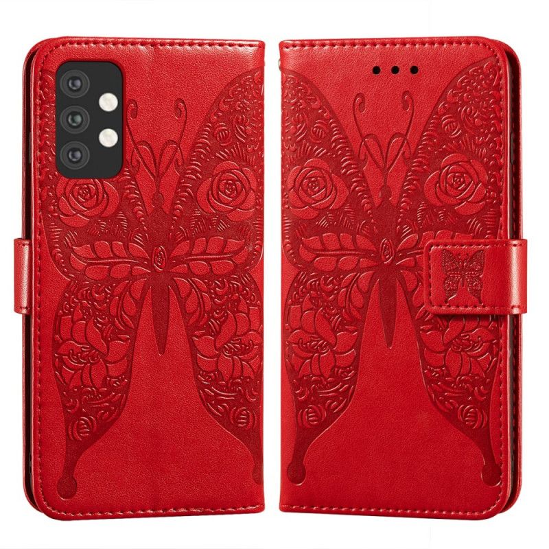 Etui Folio Samsung Galaxy A32 5G Czerwony Czarny Motyle Kwiatowe