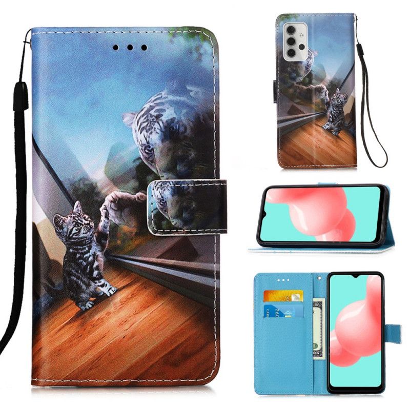 Etui Folio Samsung Galaxy A32 5G Jasnoniebieski Ciemnoniebieski Kociak Etui Ochronne