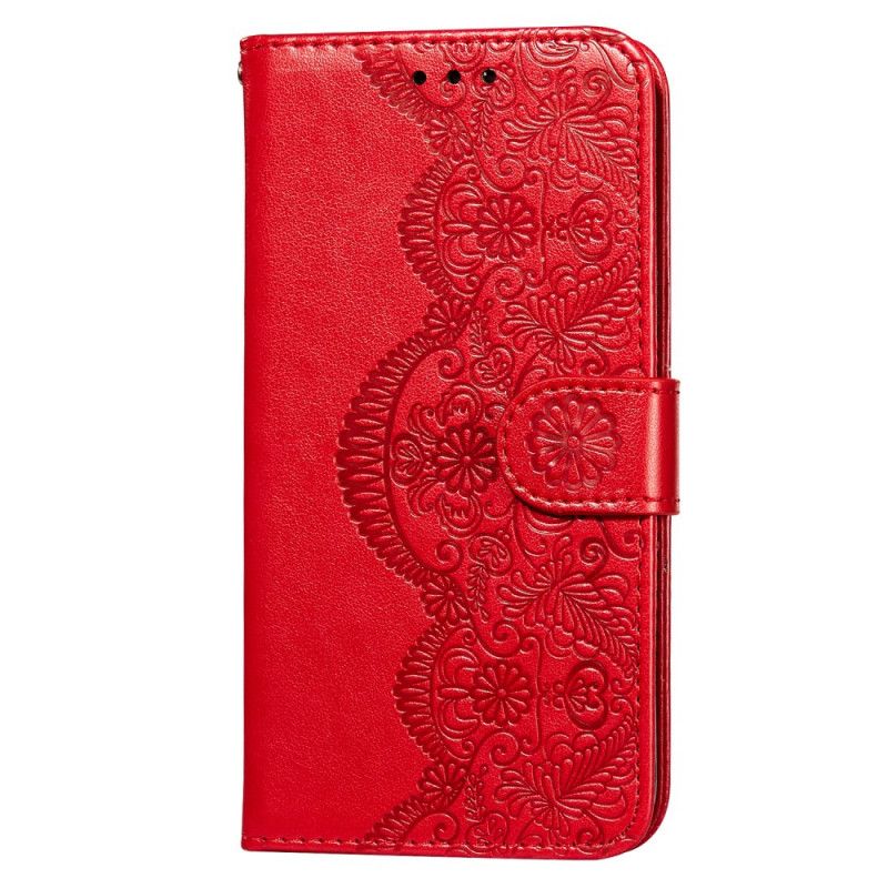 Etui Folio Samsung Galaxy A32 5G Jasnoniebieski Czerwony Nadruk Haftu Kwiatowego Etui Ochronne