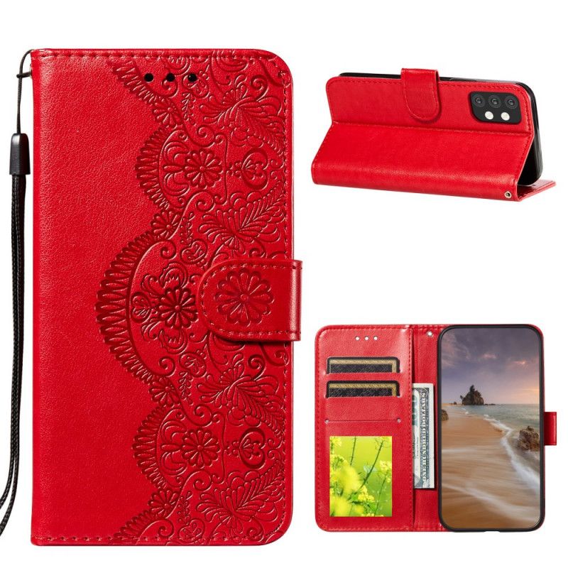 Etui Folio Samsung Galaxy A32 5G Jasnoniebieski Czerwony Nadruk Haftu Kwiatowego Etui Ochronne