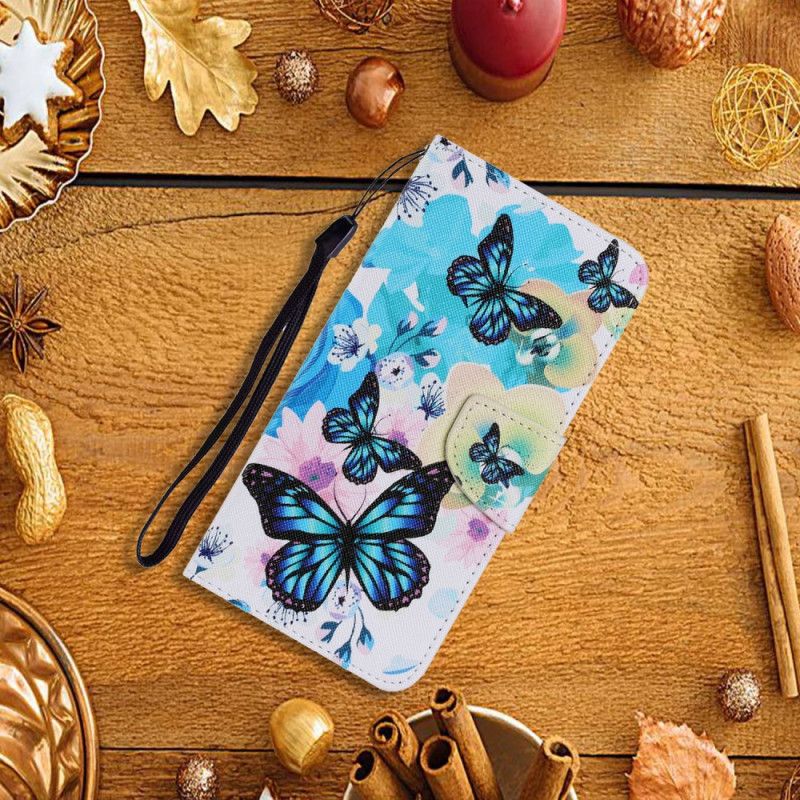 Etui Folio Samsung Galaxy A32 5G Jasnoniebieski Żółty Motyle I Letnie Kwiaty