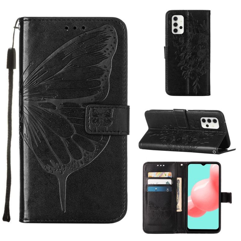 Etui Folio Samsung Galaxy A32 5G Szary Czarny Designerski Motylek Z Paskiem Etui Ochronne