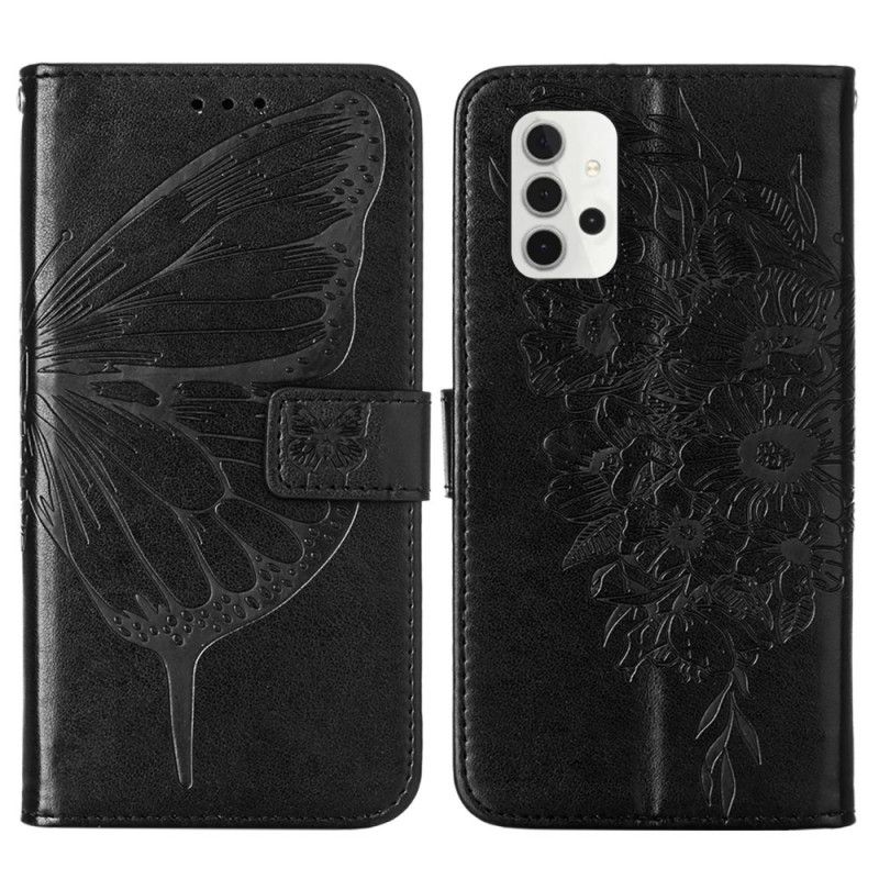 Etui Folio Samsung Galaxy A32 5G Szary Czarny Designerski Motylek Z Paskiem Etui Ochronne