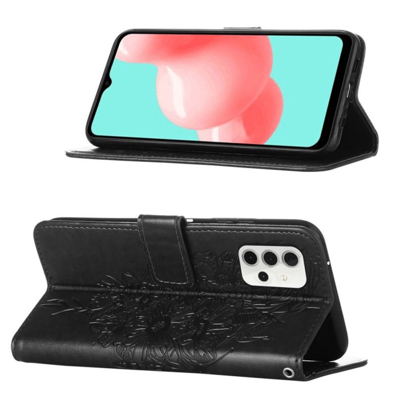 Etui Folio Samsung Galaxy A32 5G Szary Czarny Designerski Motylek Z Paskiem Etui Ochronne