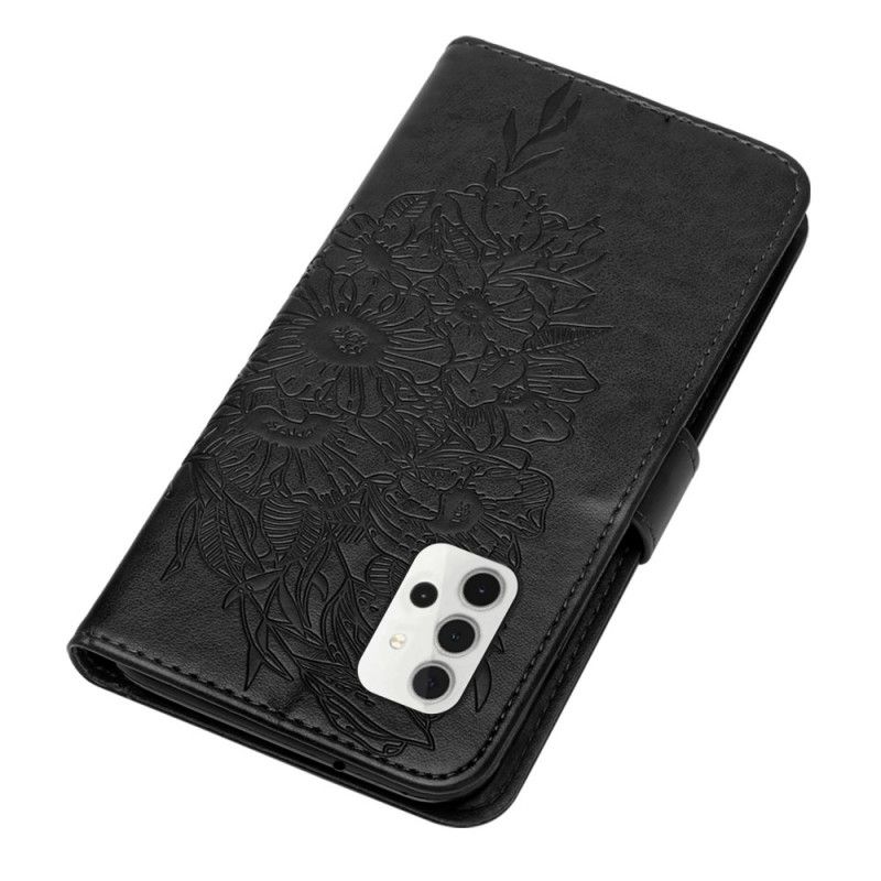 Etui Folio Samsung Galaxy A32 5G Szary Czarny Designerski Motylek Z Paskiem Etui Ochronne