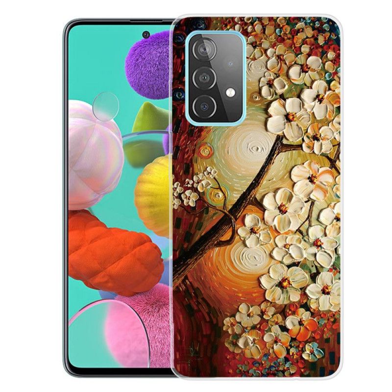 Etui Samsung Galaxy A32 5G Granatowy Pomarańczowy Elastyczne Kwiaty