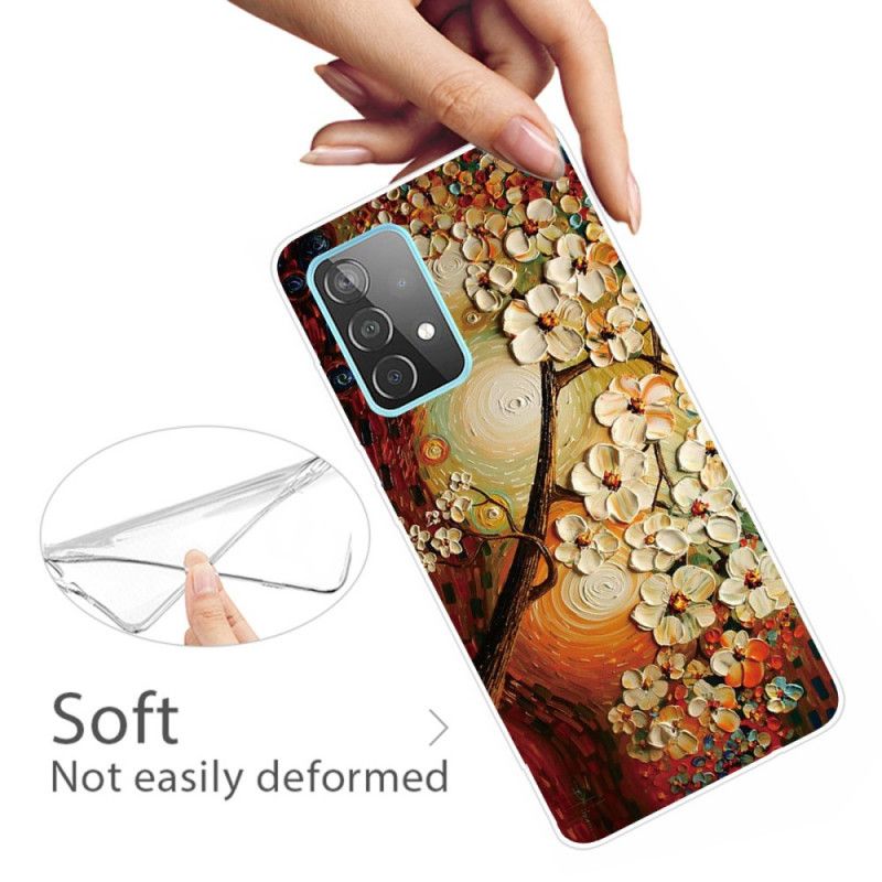 Etui Samsung Galaxy A32 5G Granatowy Pomarańczowy Elastyczne Kwiaty