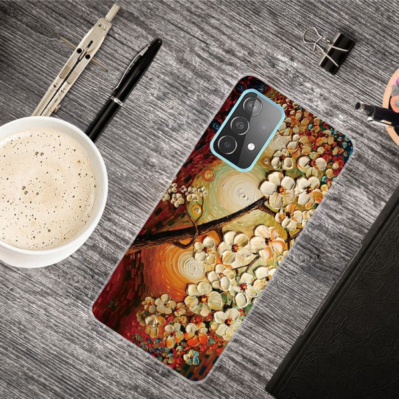 Etui Samsung Galaxy A32 5G Granatowy Pomarańczowy Elastyczne Kwiaty