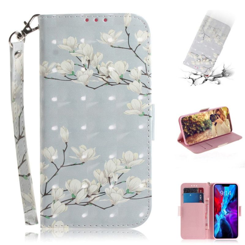 Etui Folio iPhone 12 / 12 Pro Zielony Szary Dzikie Kwiaty Ze Stringami