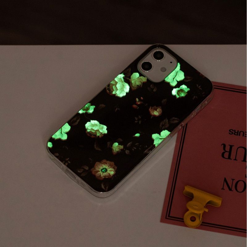 Etui iPhone 12 / 12 Pro Turkusowy Czarny Fluorescencyjna Seria Kwiatowa Etui Ochronne