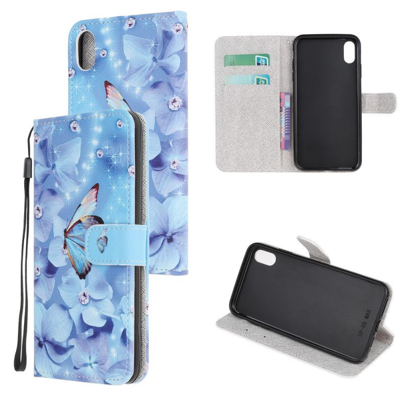 Etui Folio iPhone XR Stringi Z Diamentowymi Motylkami