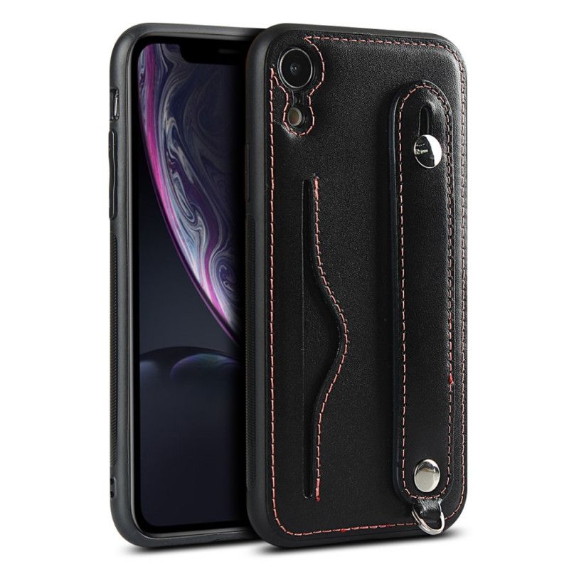 Etui iPhone XR Czarny Pasek Z Prawdziwej Skóry I Etui Na Karty