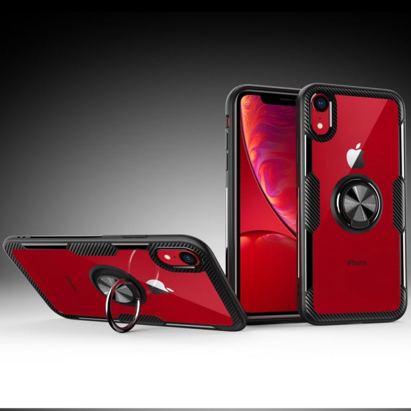 Etui iPhone XR Czerwony Czarny Hartowane Szkło Z Mocowaniem Pierścieniowym